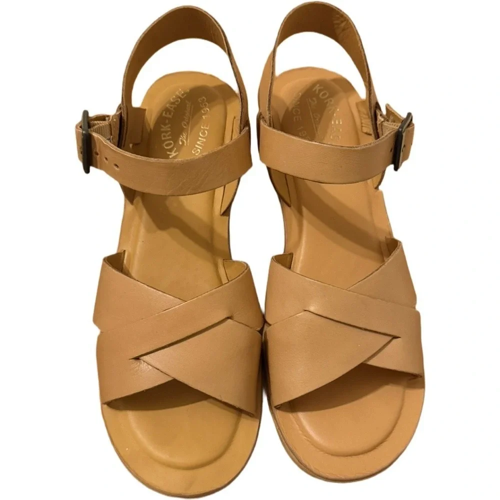 Kork-Ease Ava Classic Natural Vachetta Leather Wedge Heeled Sandal Tan Size 10